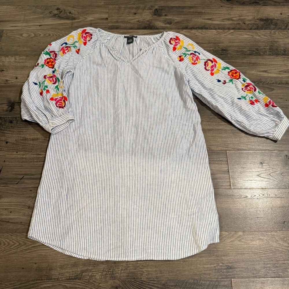 Chelsea & Theodore Embroidered Linen Blend Stripe Shift Dress Blue‎ White Small